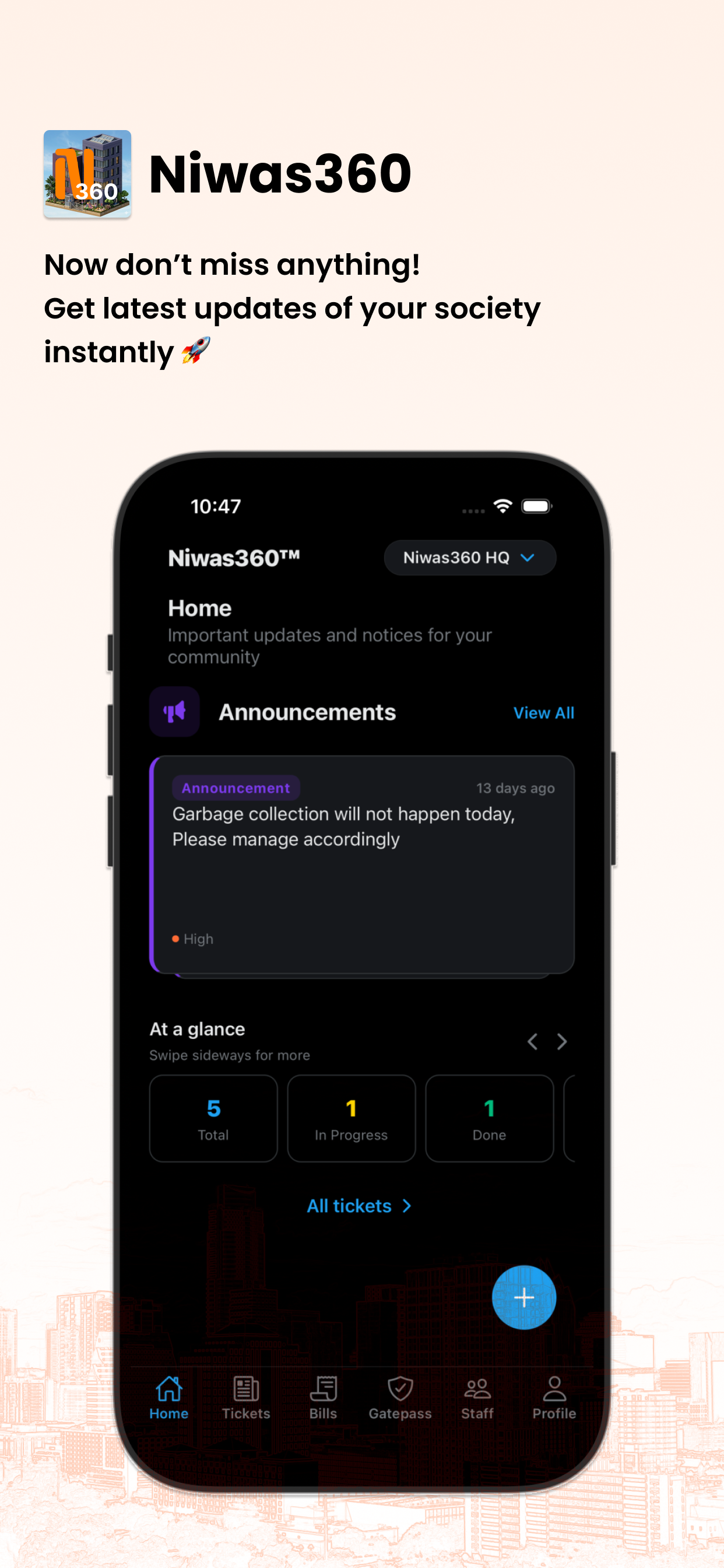 Niwas360 home screen — society announcements and updates